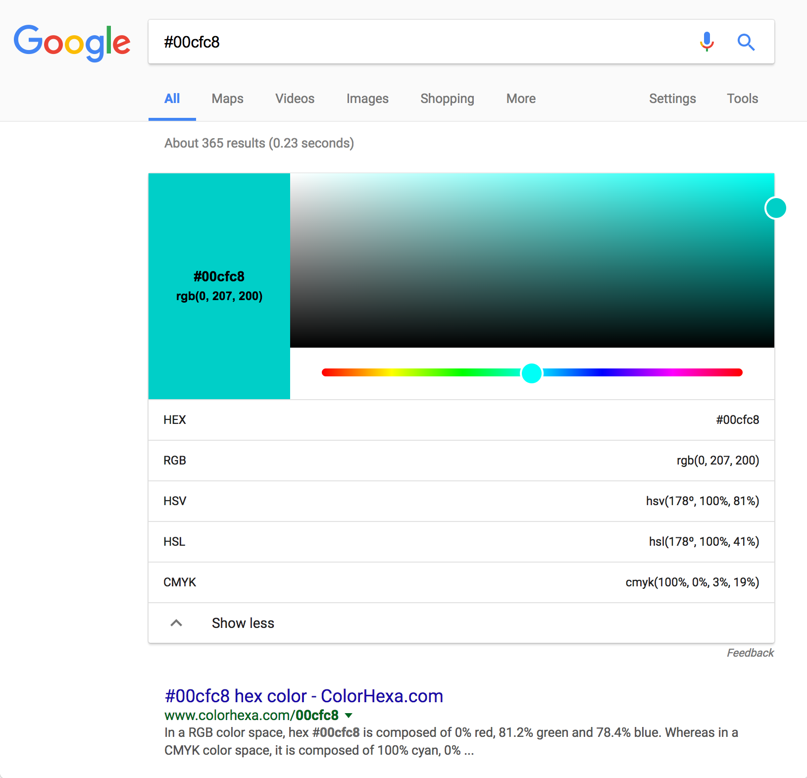 Google search results showing the color picker