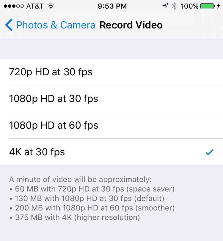 Enable 4K video shooting in iPhone 6s
